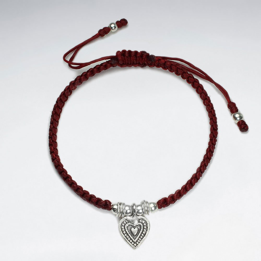 7" Adjustable Red Macrame Bracelet With Antique Silver Heart Charm
