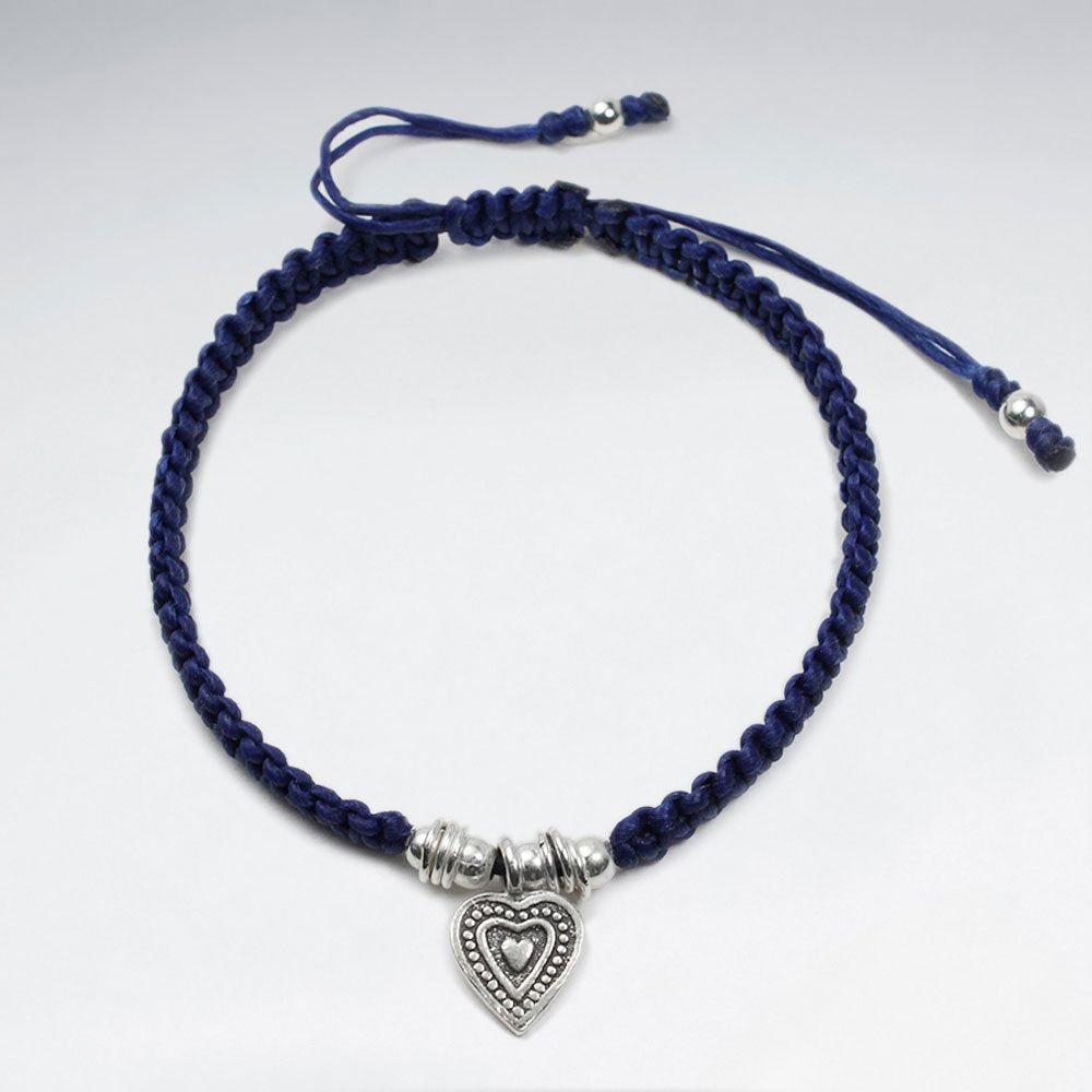 7" Adjustable Red Macrame Bracelet With Antique Silver Heart Charm