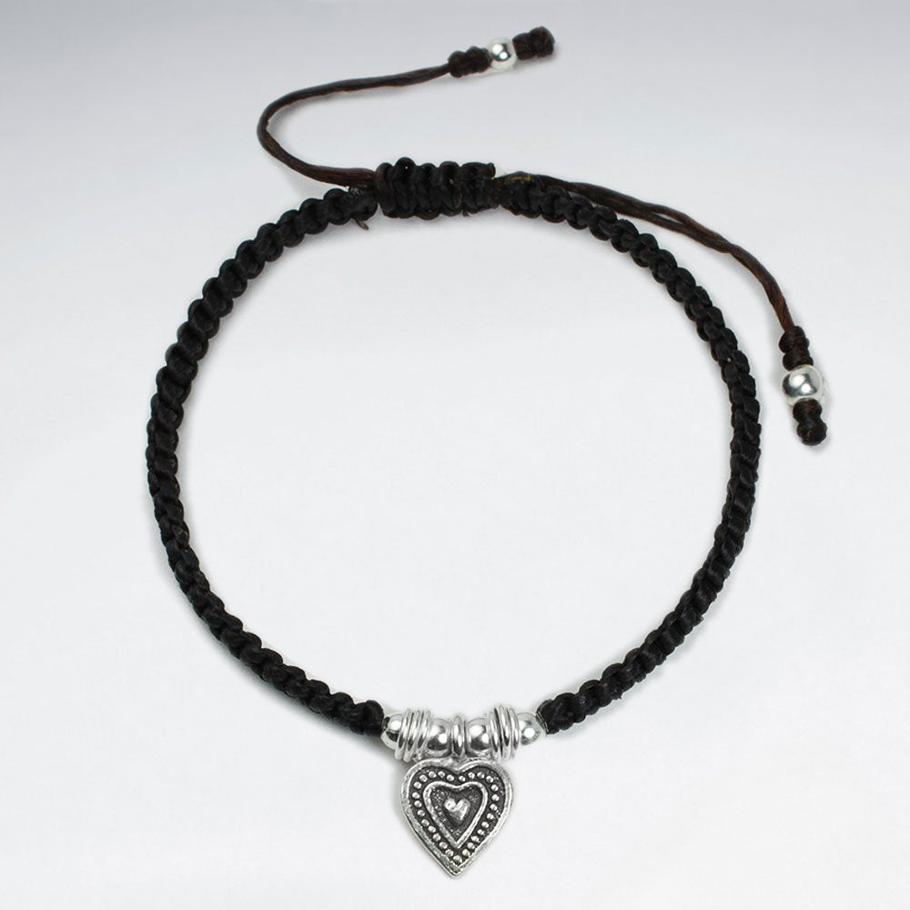 7" Adjustable Red Macrame Bracelet With Antique Silver Heart Charm