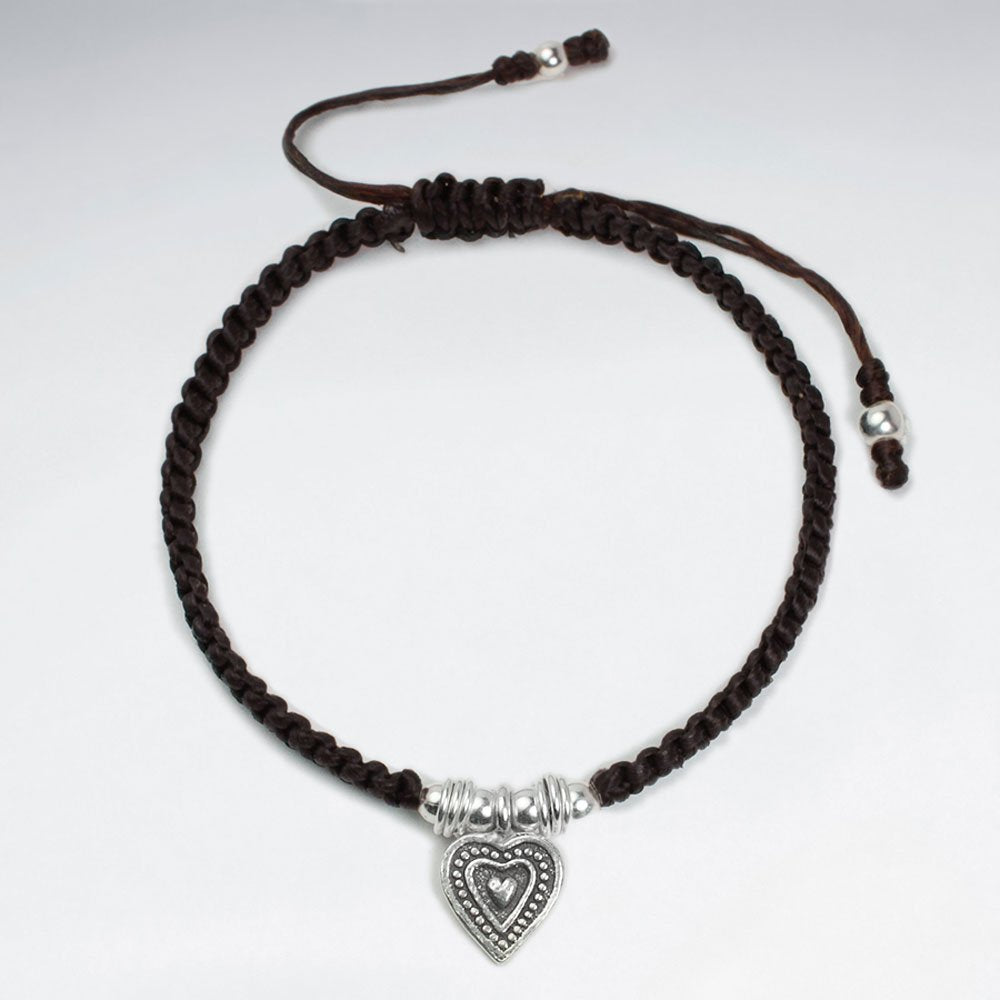 7" Adjustable Red Macrame Bracelet With Antique Silver Heart Charm