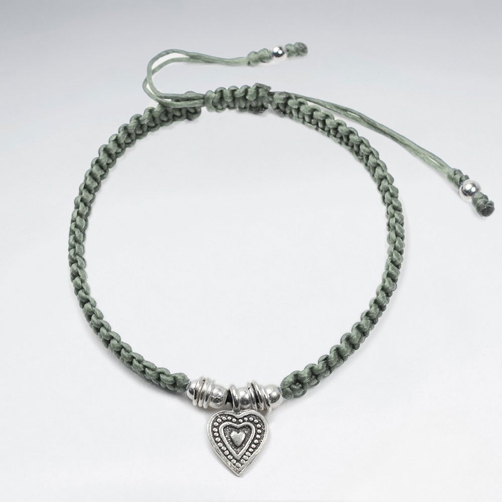 7" Adjustable Red Macrame Bracelet With Antique Silver Heart Charm