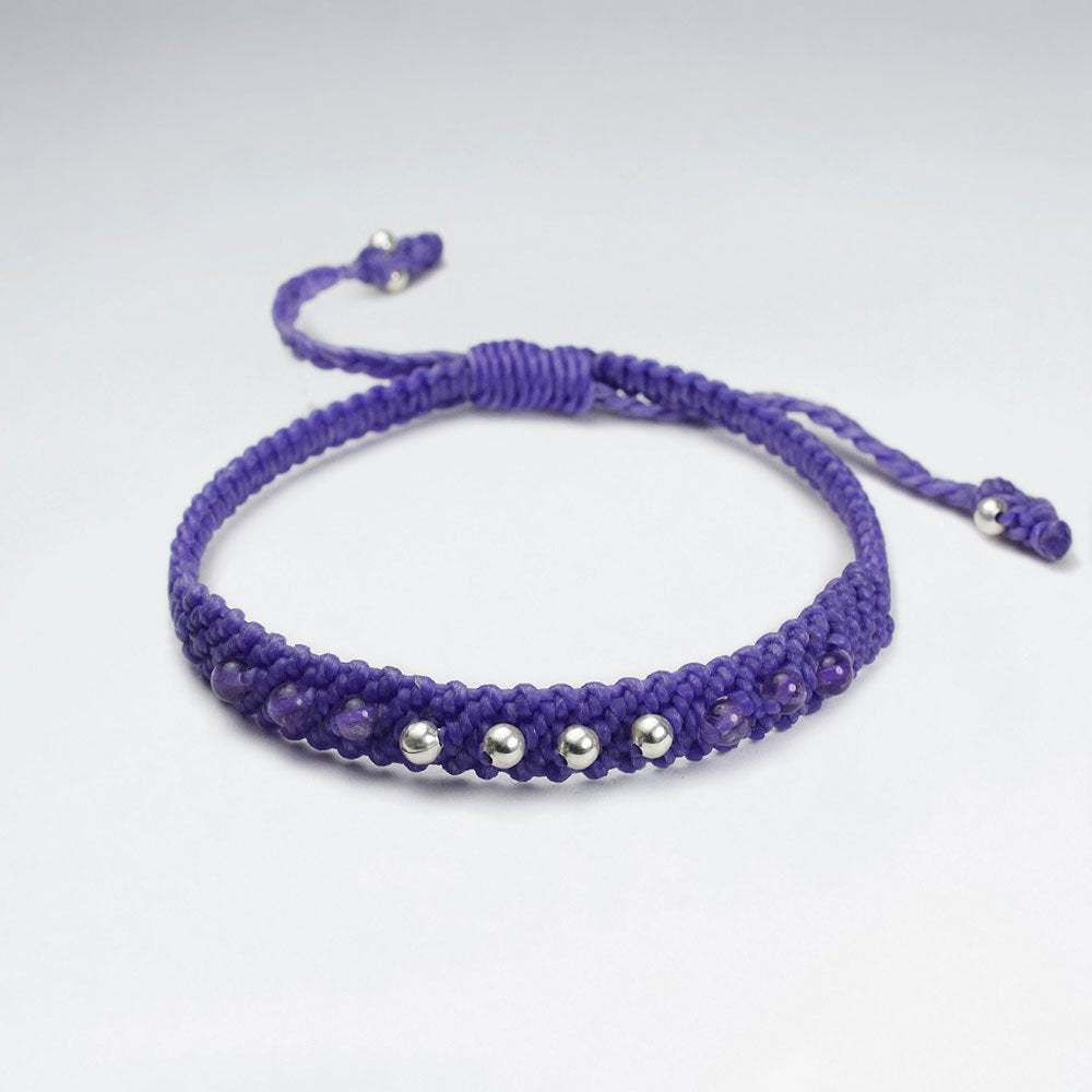 7 '' Adjustable Turquoise Baby Blue Waxed Cotton Macrame Double Accent Bracelet With Silver Beads