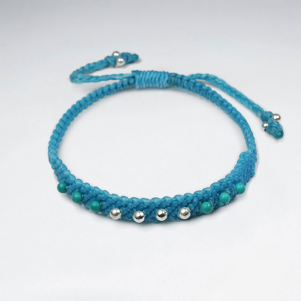 7 '' Adjustable Turquoise Baby Blue Waxed Cotton Macrame Double Accent Bracelet With Silver Beads
