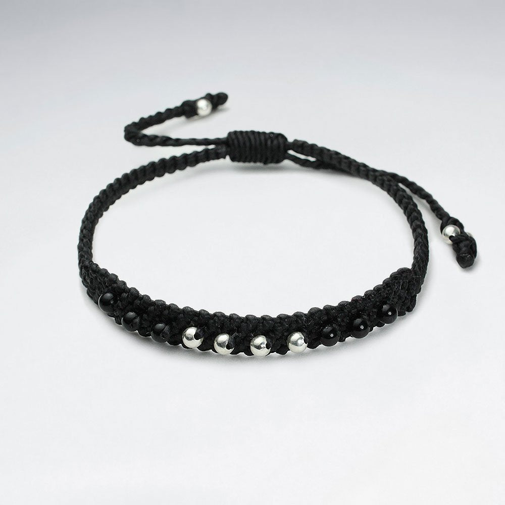 7 '' Adjustable Turquoise Baby Blue Waxed Cotton Macrame Double Accent Bracelet With Silver Beads