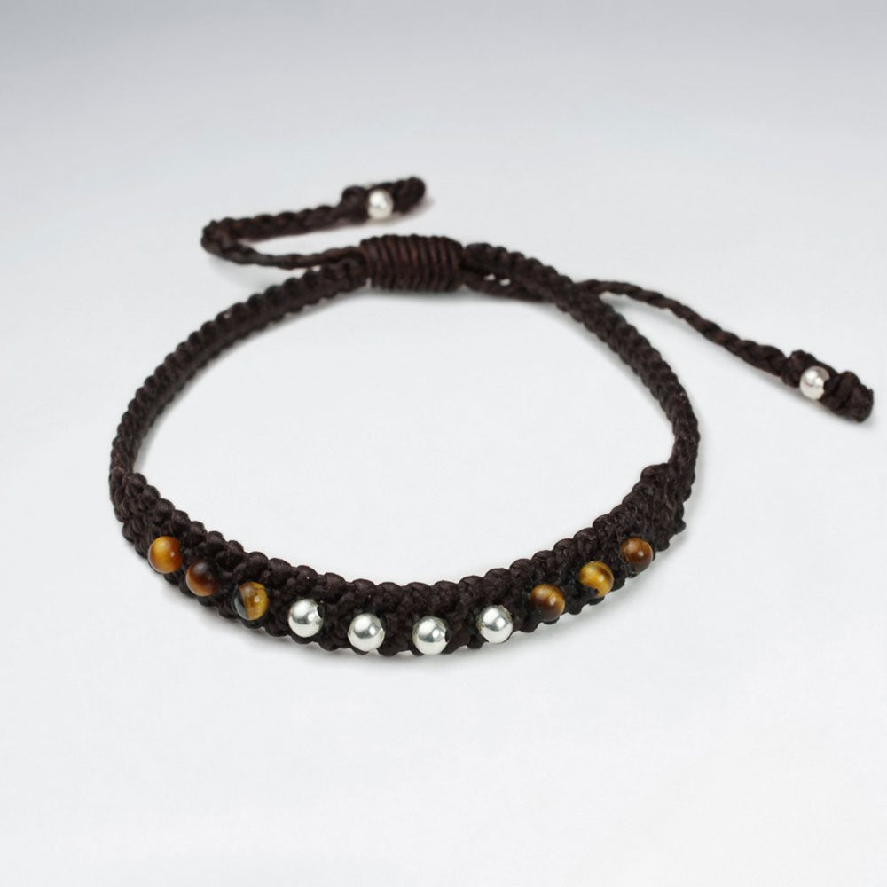 7 '' Adjustable Turquoise Baby Blue Waxed Cotton Macrame Double Accent Bracelet With Silver Beads