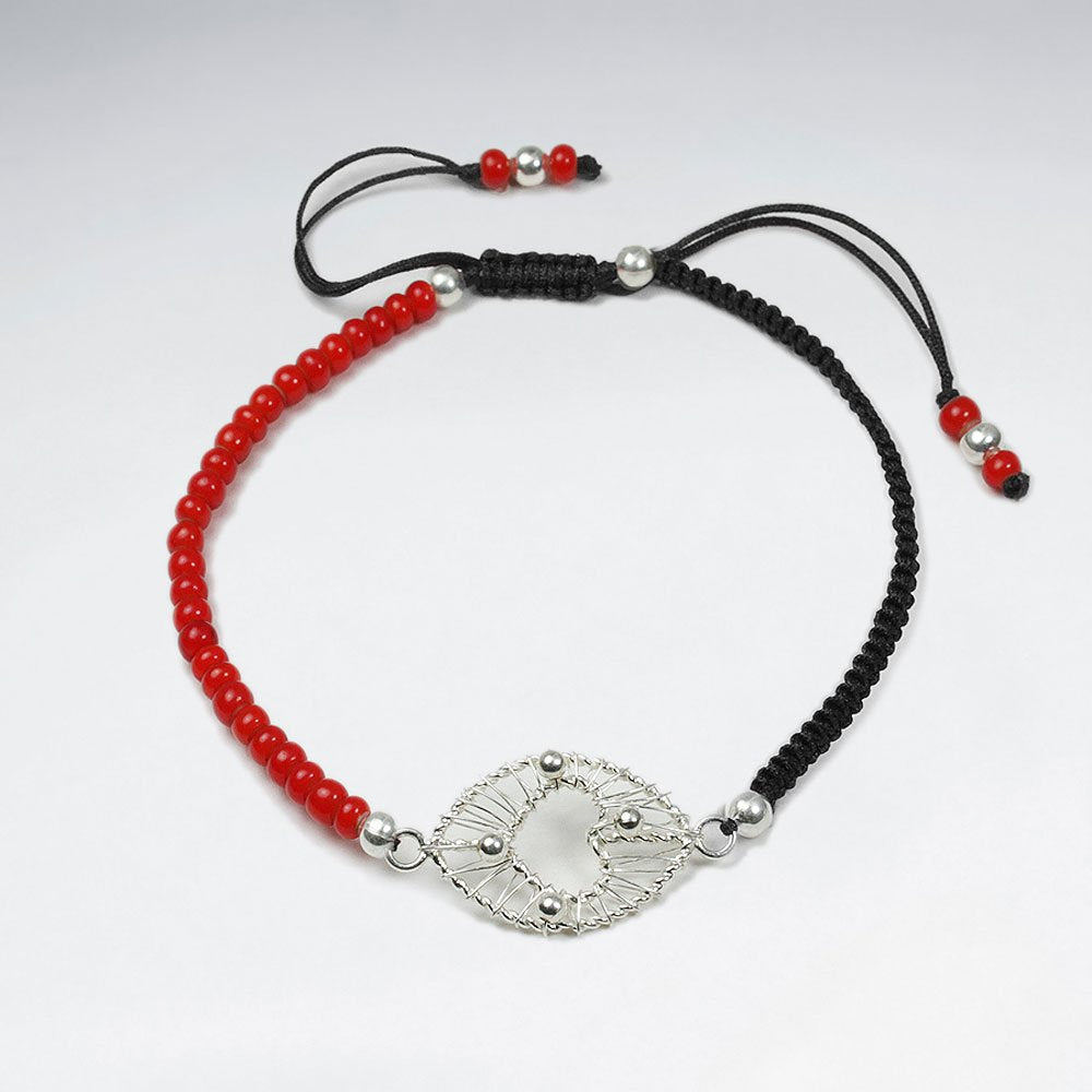 7" Black Macrame Bracelet With Red Glass Bead And Silver Open Heart Wirework