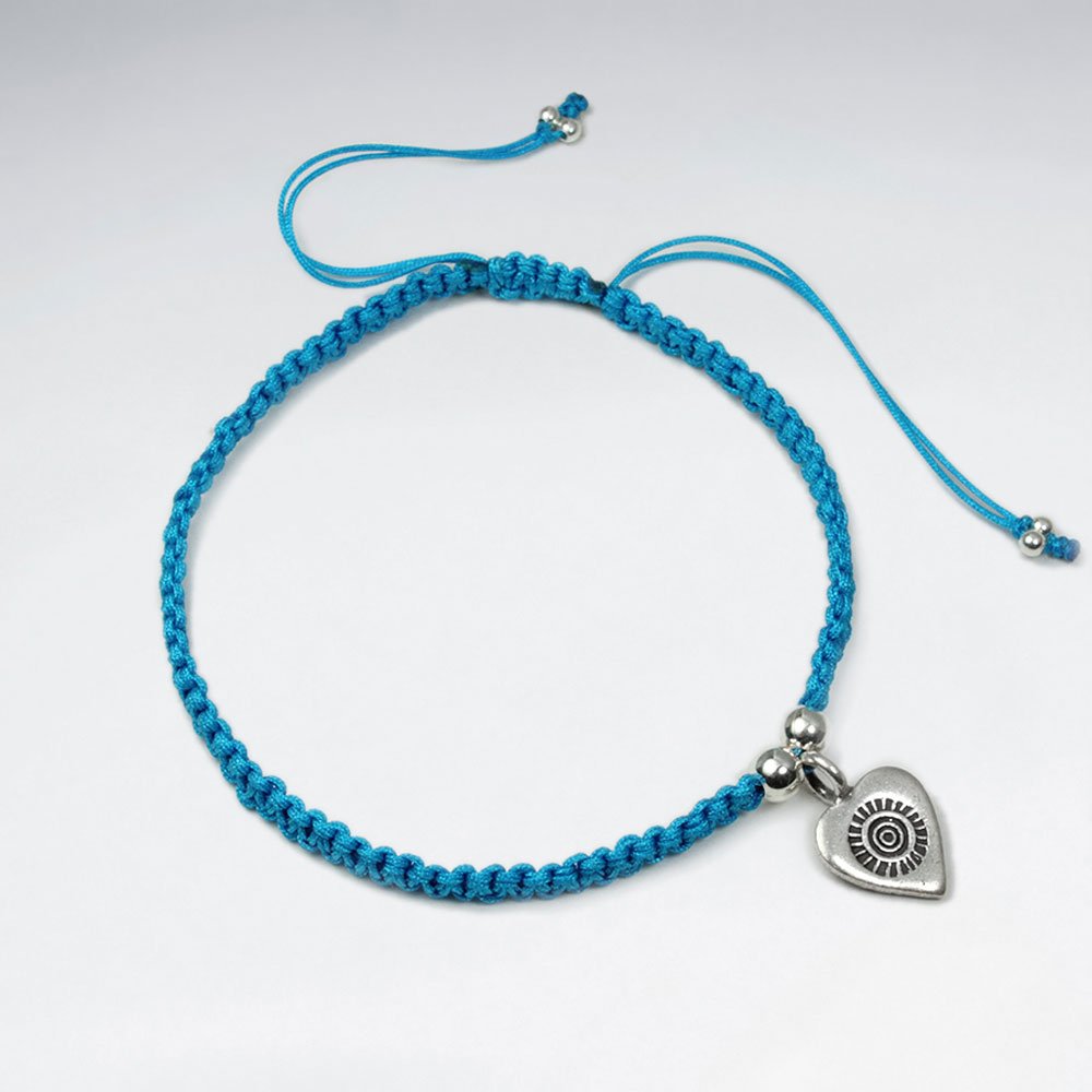 7" Adjustable Sky Blue Macrame Bracelet With Heart Charm
