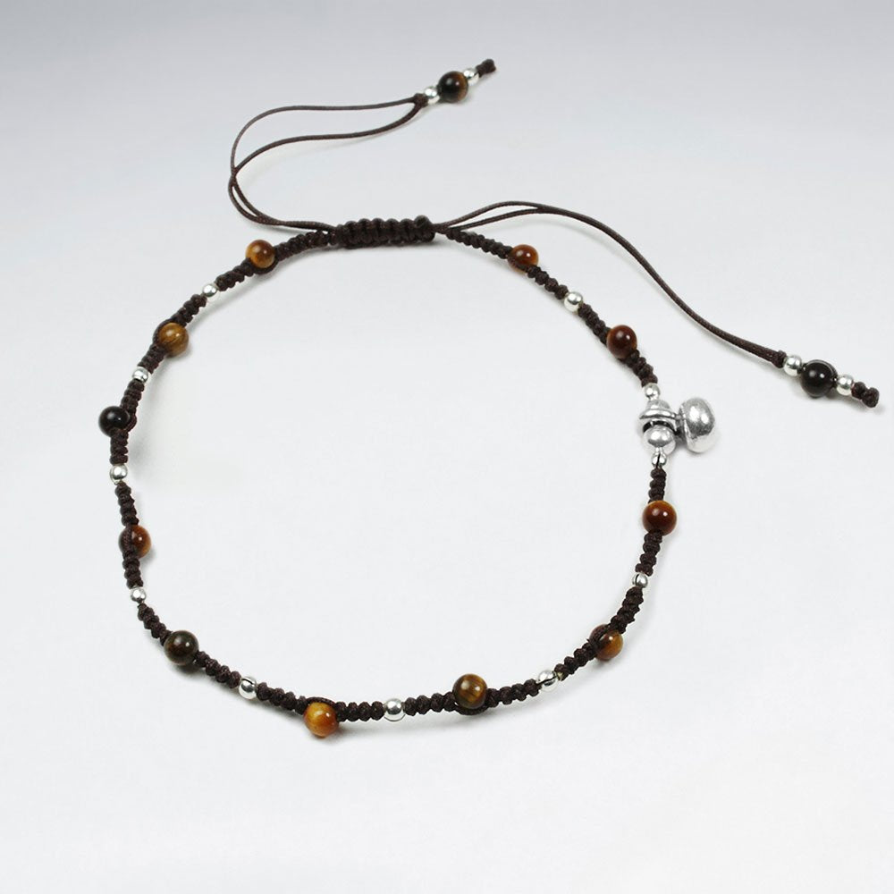 Adjustable Brown Nylon  Macrame Bracelet With Silver Charms and Alternating Tiger Eye