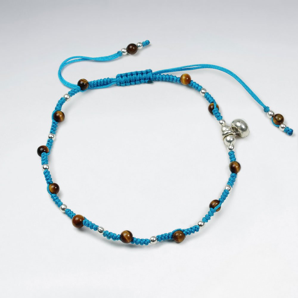 Adjustable Brown Nylon  Macrame Bracelet With Silver Charms and Alternating Tiger Eye