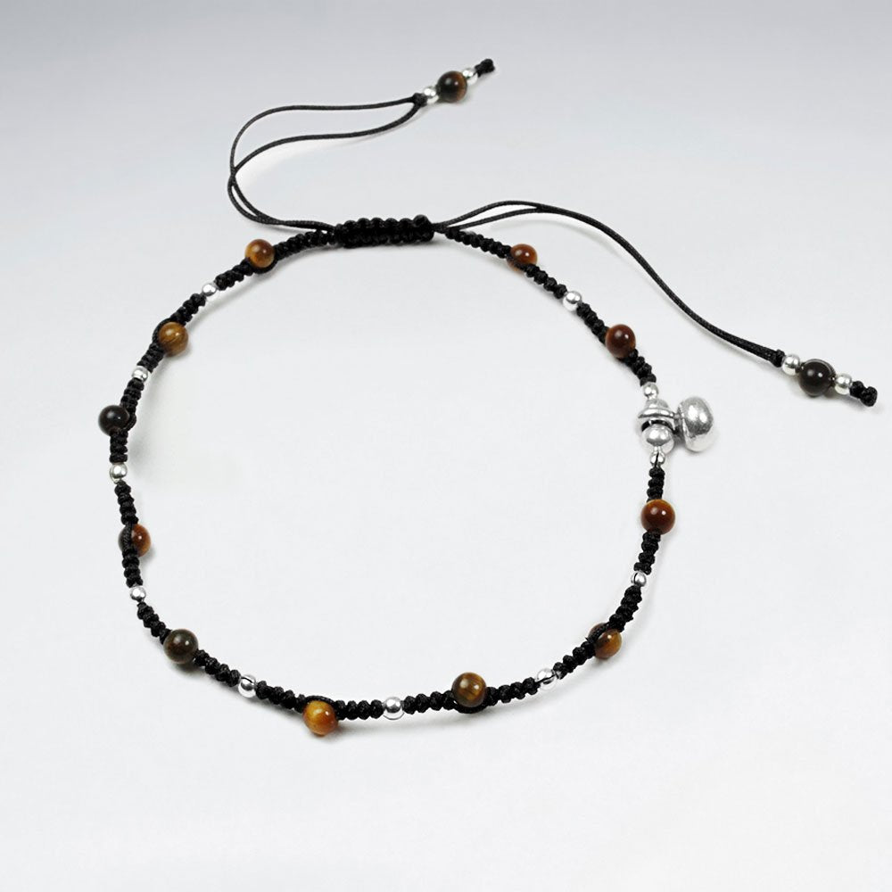 Adjustable Brown Nylon  Macrame Bracelet With Silver Charms and Alternating Tiger Eye
