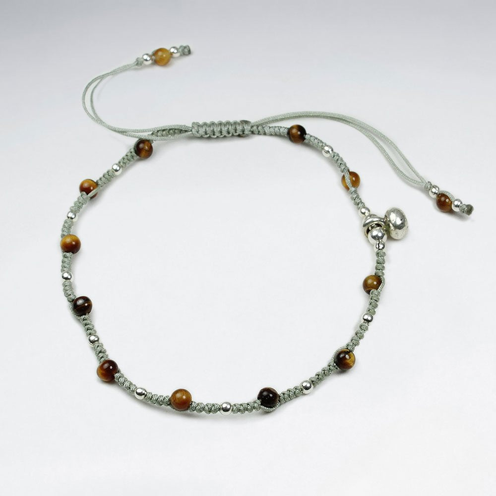 Adjustable Brown Nylon  Macrame Bracelet With Silver Charms and Alternating Tiger Eye