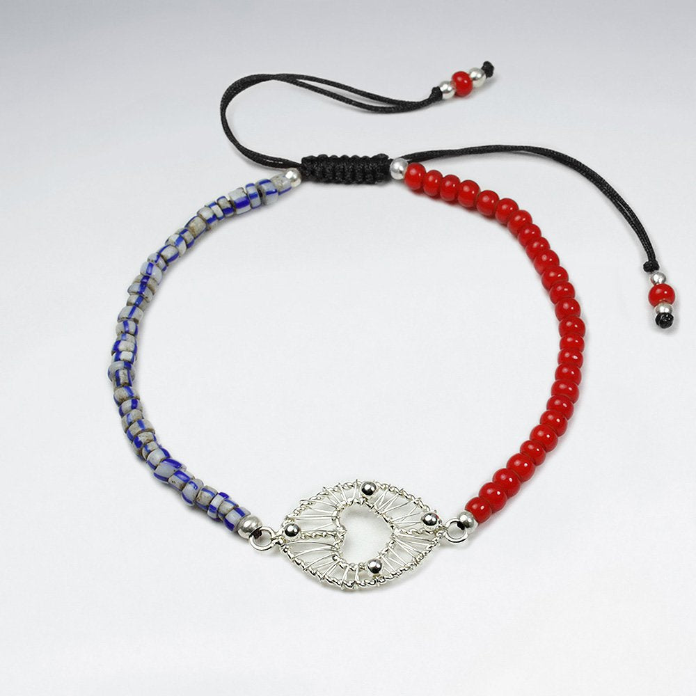 Red and Gray Bead Black Nylon  Macrame Bracelet With Silver Heart