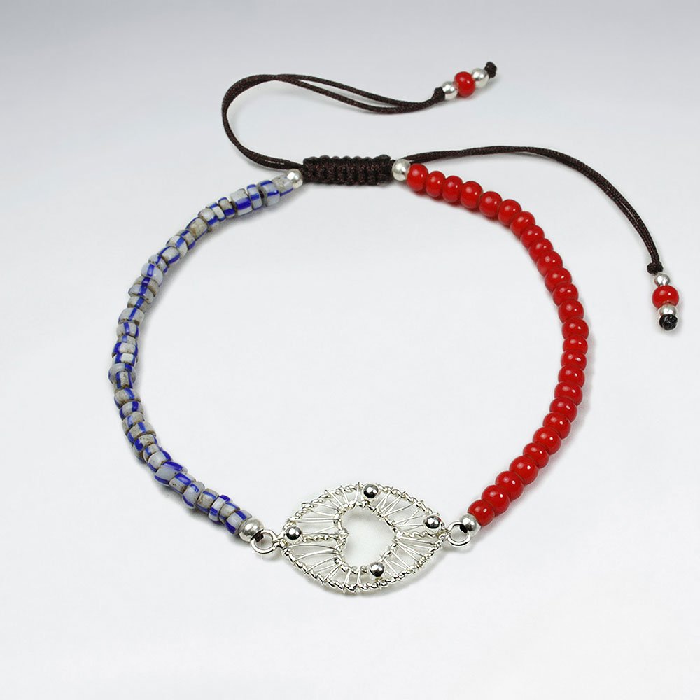 Red and Gray Bead Black Nylon  Macrame Bracelet With Silver Heart