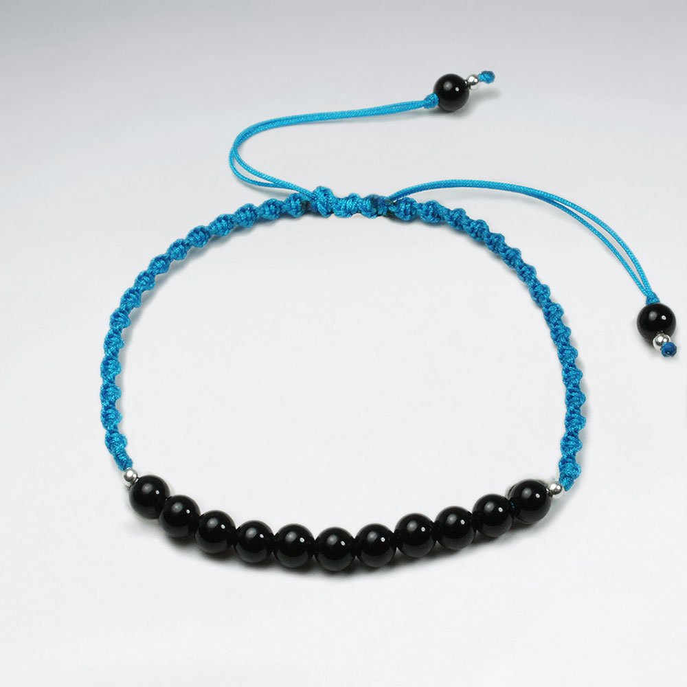 7 '' Adjustable Blue  Nylon Macrame Bracelet With Black Stone Accent