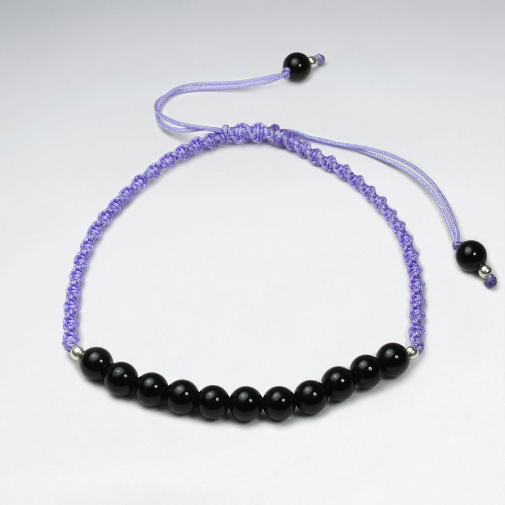 7 '' Adjustable Blue  Nylon Macrame Bracelet With Black Stone Accent
