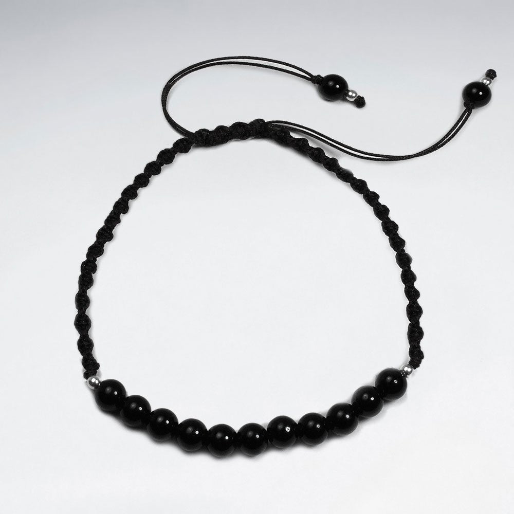 7 '' Adjustable Blue  Nylon Macrame Bracelet With Black Stone Accent