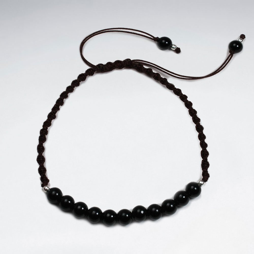 7 '' Adjustable Blue  Nylon Macrame Bracelet With Black Stone Accent