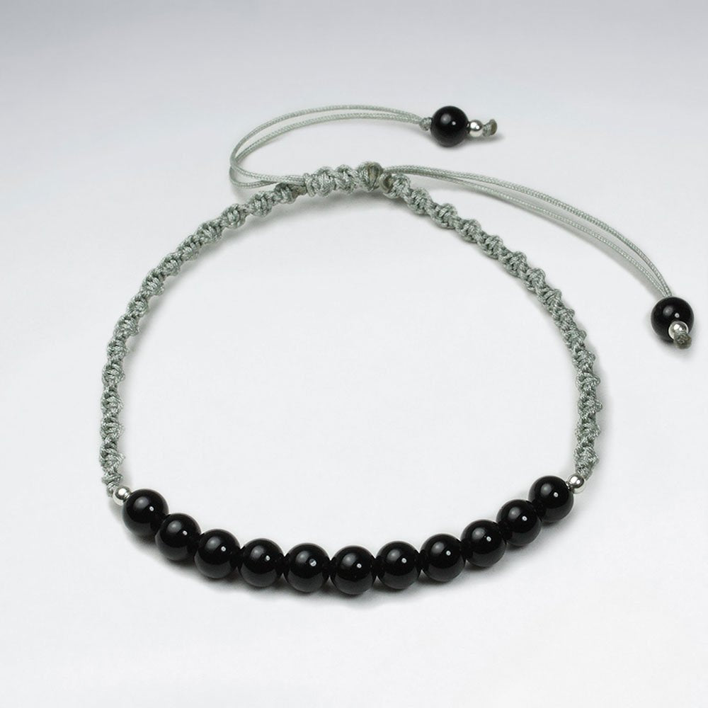 7 '' Adjustable Blue  Nylon Macrame Bracelet With Black Stone Accent
