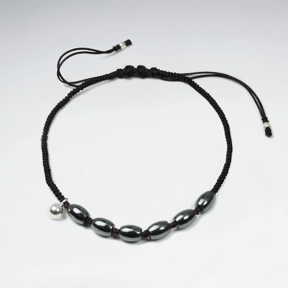 7 '' Adjustable Black Nylon Macrame Bracelet With Silver Charms and Oval Hematite