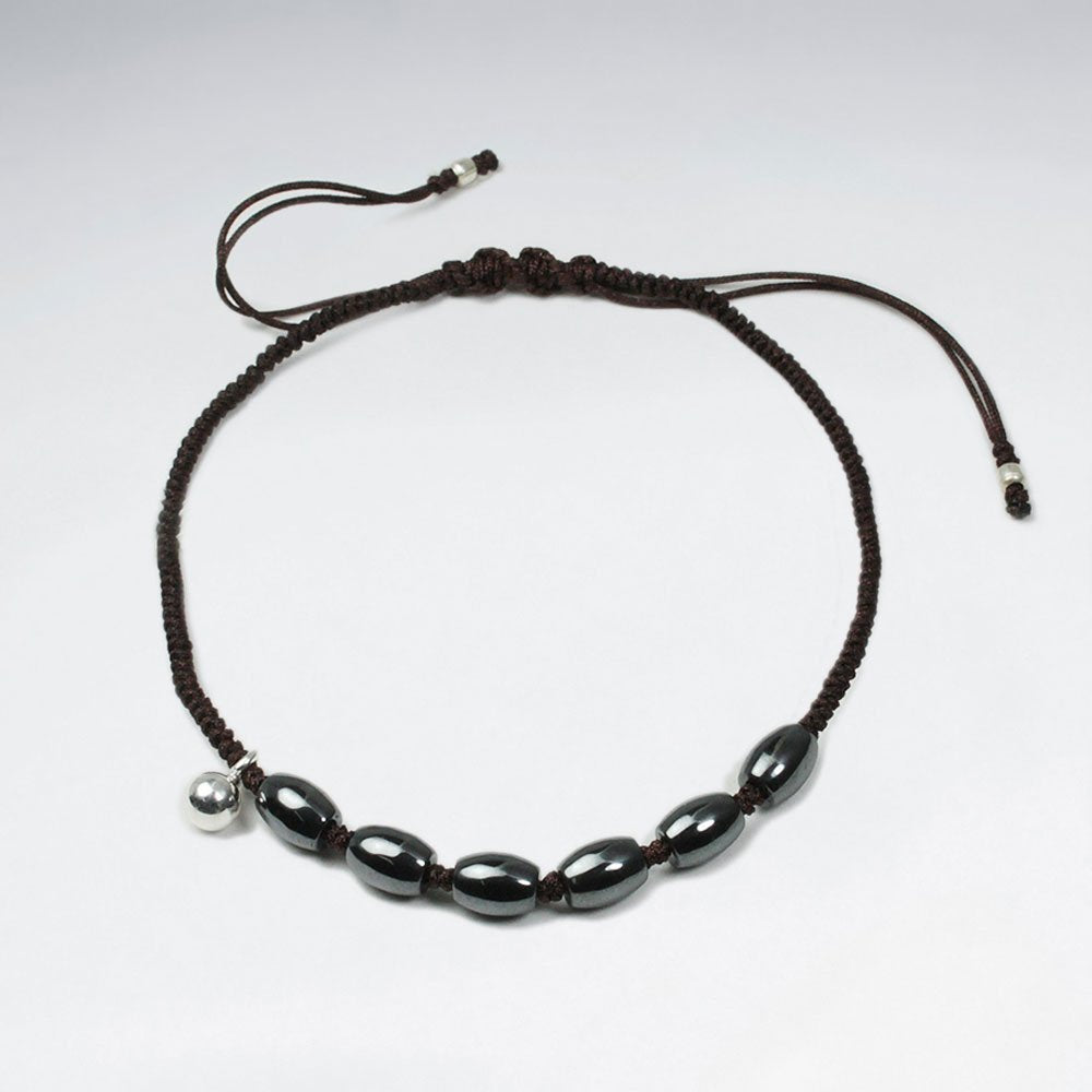 7 '' Adjustable Black Nylon Macrame Bracelet With Silver Charms and Oval Hematite