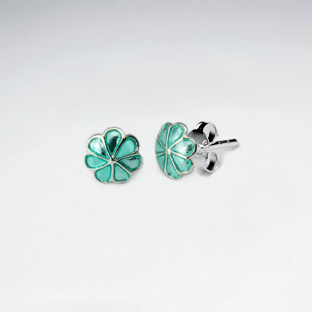 Green Six Petals Enamel Silver Stud Earring