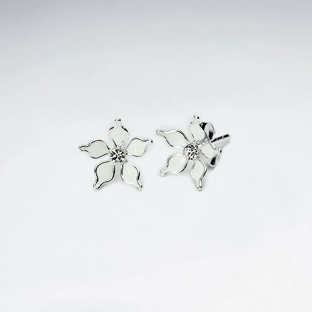 Blue Five Petal Enamel Flower Stud Silver Earring With White CZ