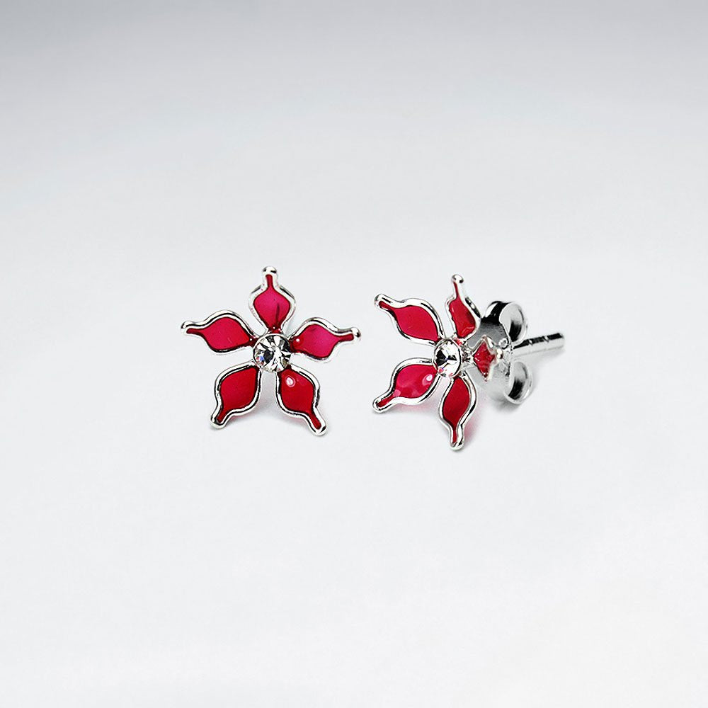 Blue Five Petal Enamel Flower Stud Silver Earring With White CZ