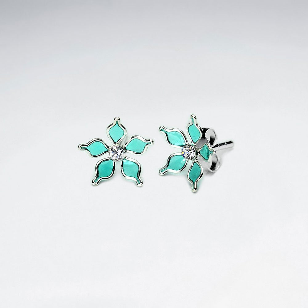 Blue Five Petal Enamel Flower Stud Silver Earring With White CZ