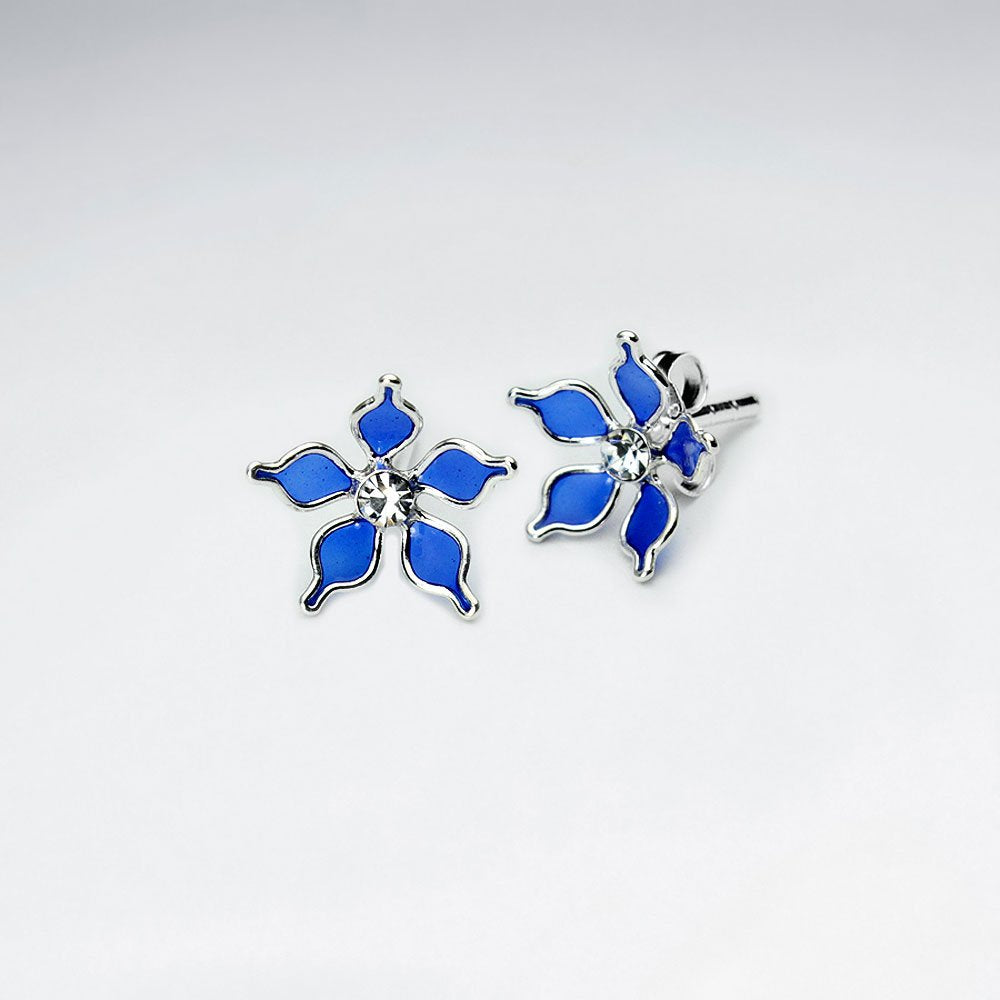 Blue Five Petal Enamel Flower Stud Silver Earring With White CZ