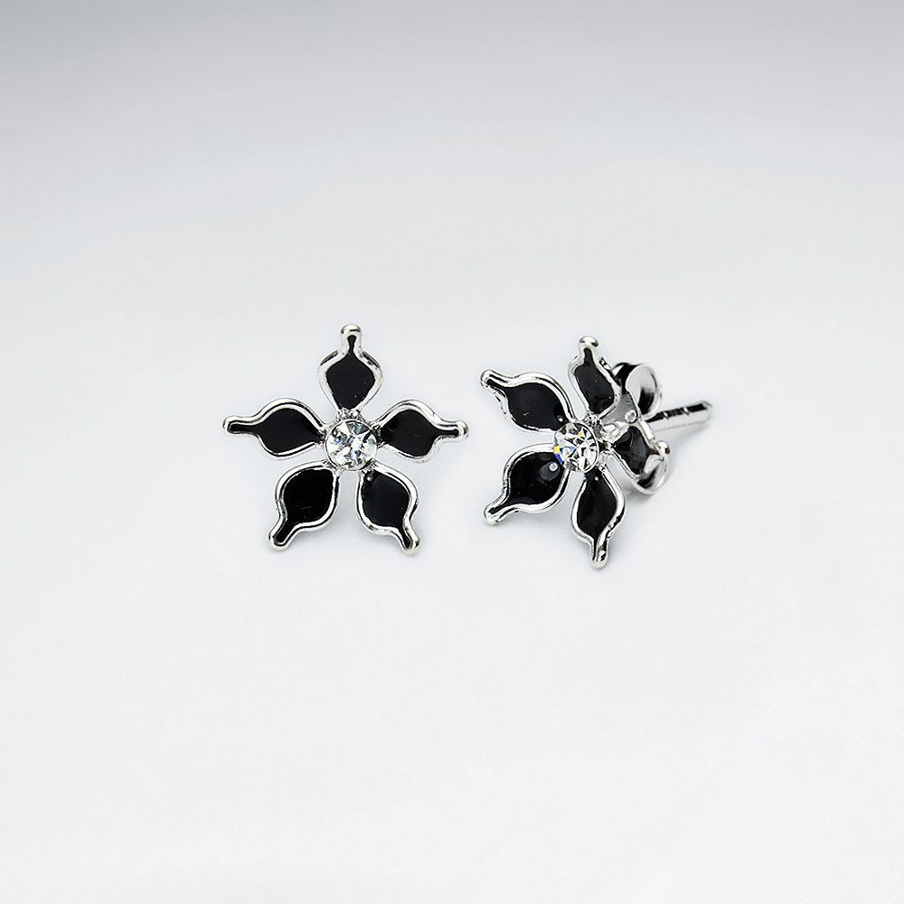 Blue Five Petal Enamel Flower Stud Silver Earring With White CZ