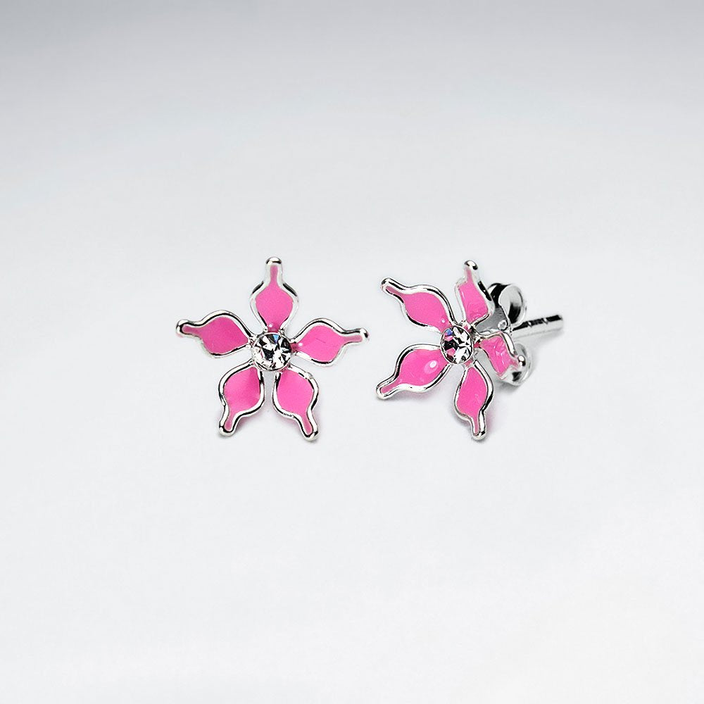 Blue Five Petal Enamel Flower Stud Silver Earring With White CZ