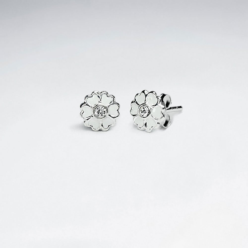 Light Pink Heart Daisy Enamel Silver Stud Earring With White CZ