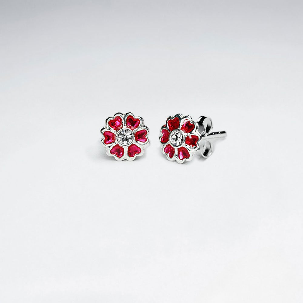Light Pink Heart Daisy Enamel Silver Stud Earring With White CZ