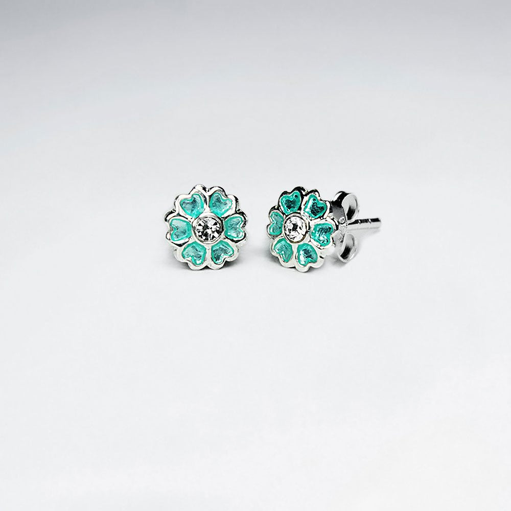 Light Pink Heart Daisy Enamel Silver Stud Earring With White CZ