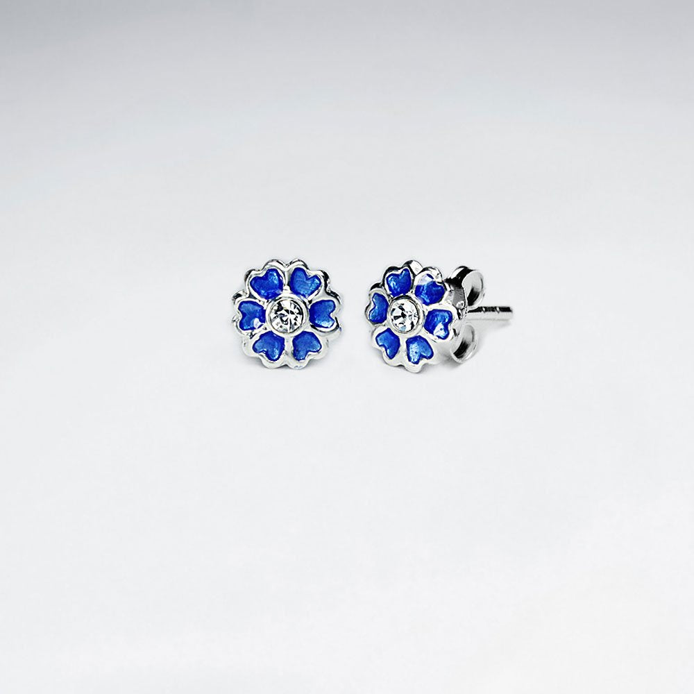 Light Pink Heart Daisy Enamel Silver Stud Earring With White CZ