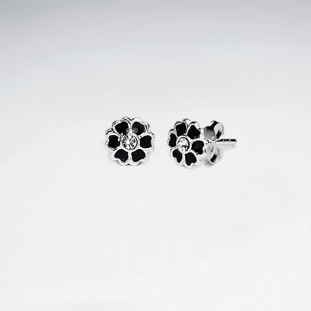 Light Pink Heart Daisy Enamel Silver Stud Earring With White CZ