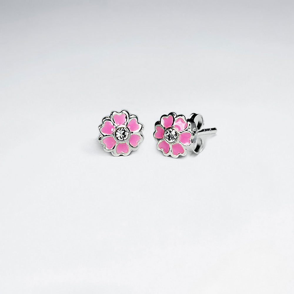 Light Pink Heart Daisy Enamel Silver Stud Earring With White CZ