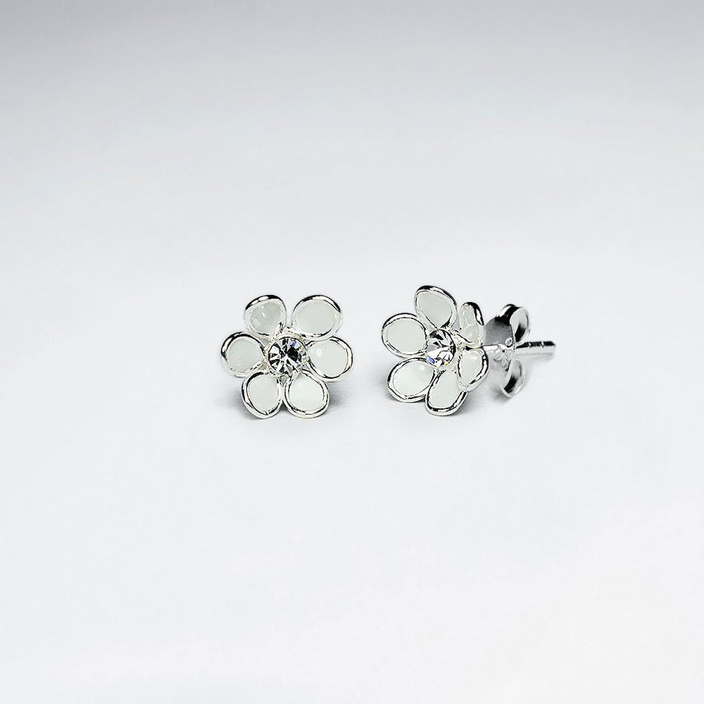 Black Daisy Enamel Silver Stud Earring With White CZ