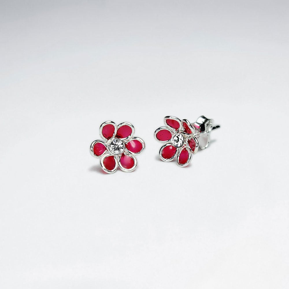 Black Daisy Enamel Silver Stud Earring With White CZ