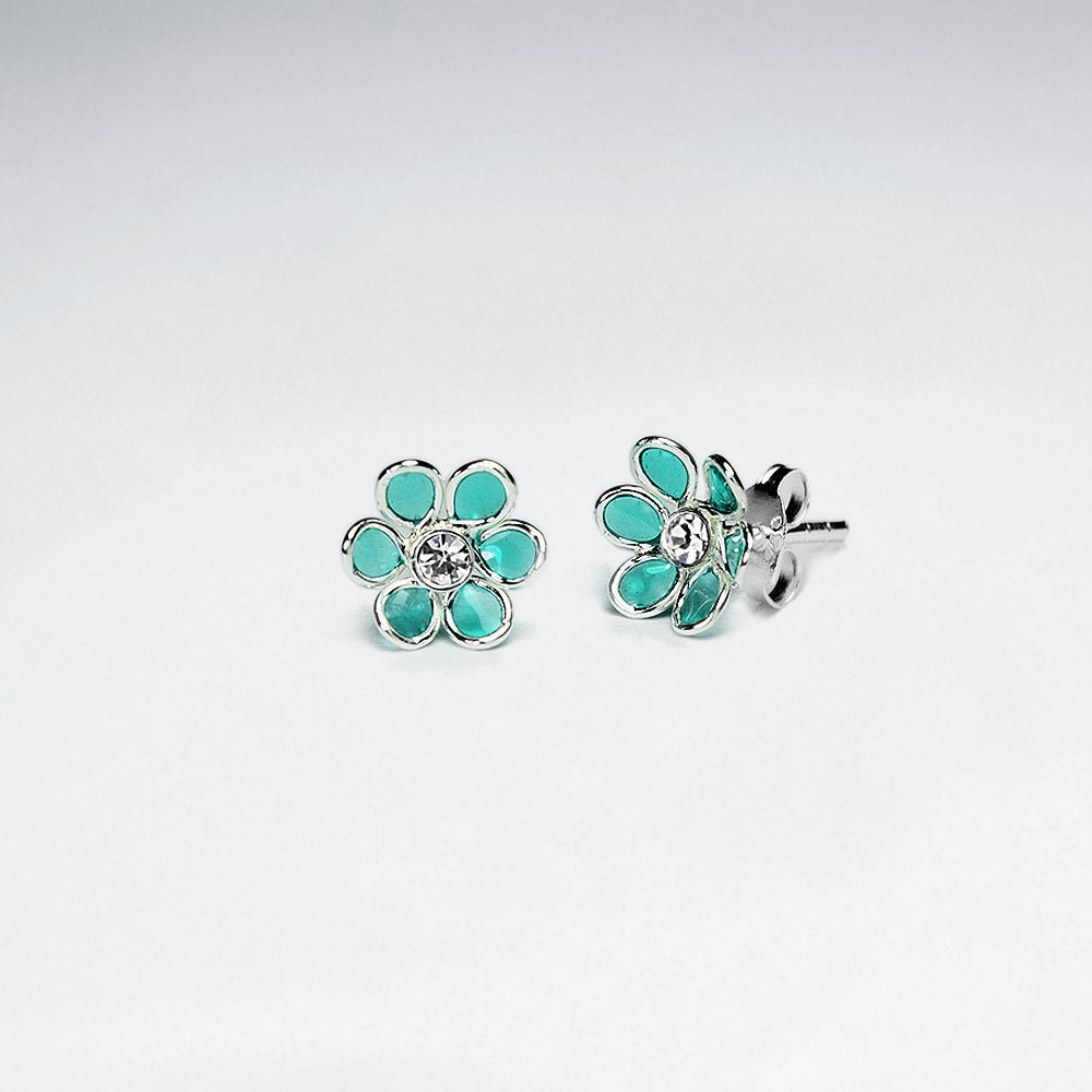 Black Daisy Enamel Silver Stud Earring With White CZ