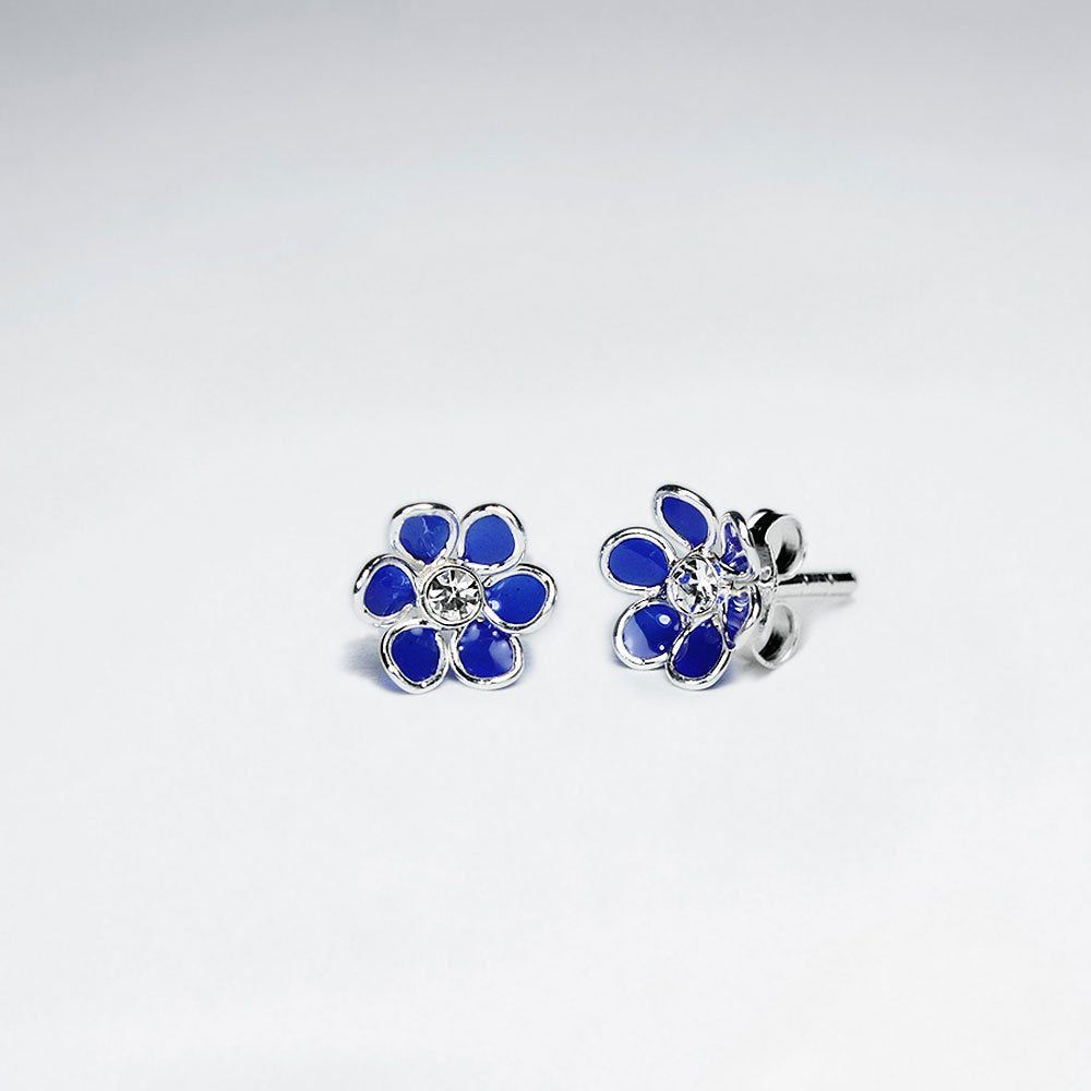 Black Daisy Enamel Silver Stud Earring With White CZ