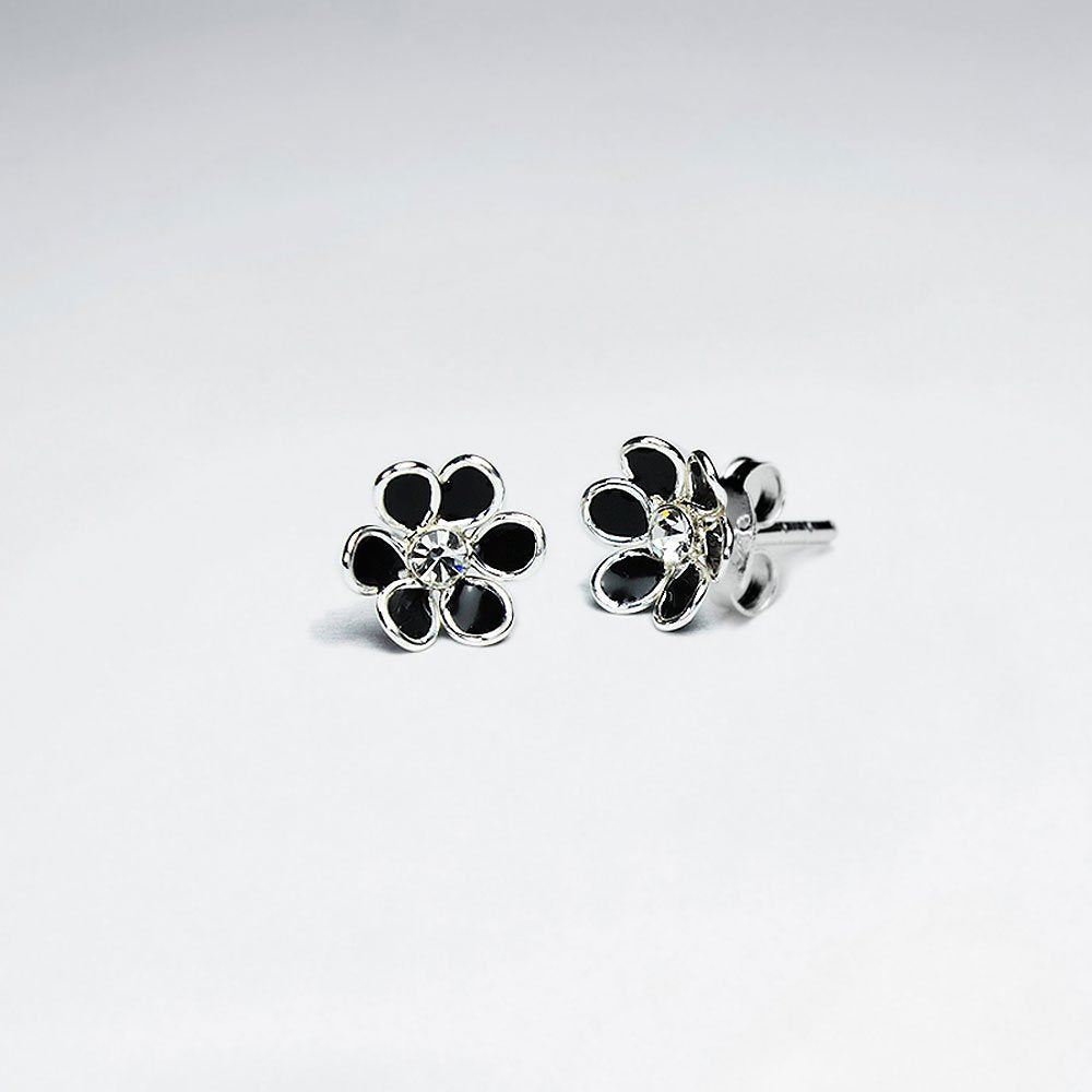 Black Daisy Enamel Silver Stud Earring With White CZ