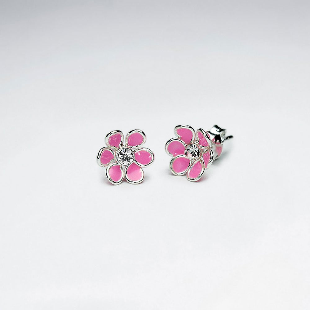 Black Daisy Enamel Silver Stud Earring With White CZ