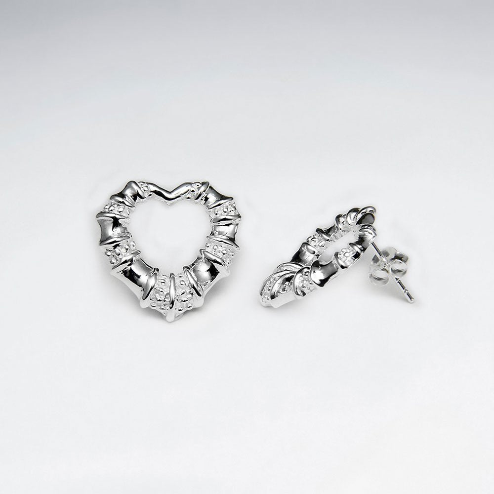 Stunning Polished Silver Textured Crinkle Design Open Heart Stud Drop Earrings
