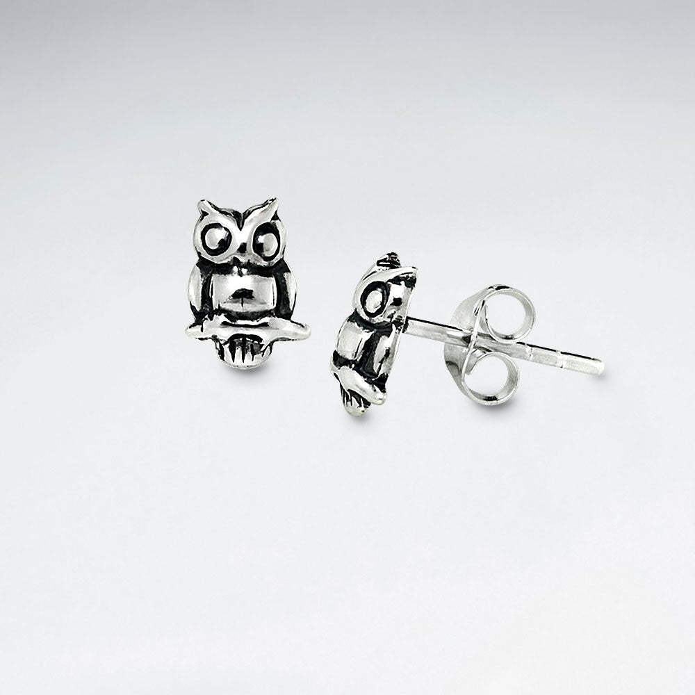 Delightful Oxidized Silver Perched Owl Stud Earrings