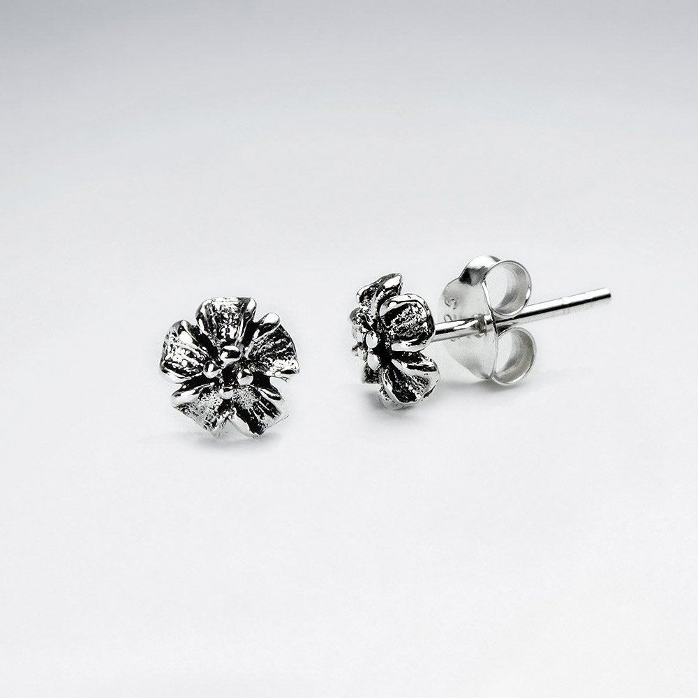 Oxidized Silver Detailed Flower Blossom Stud Earrings