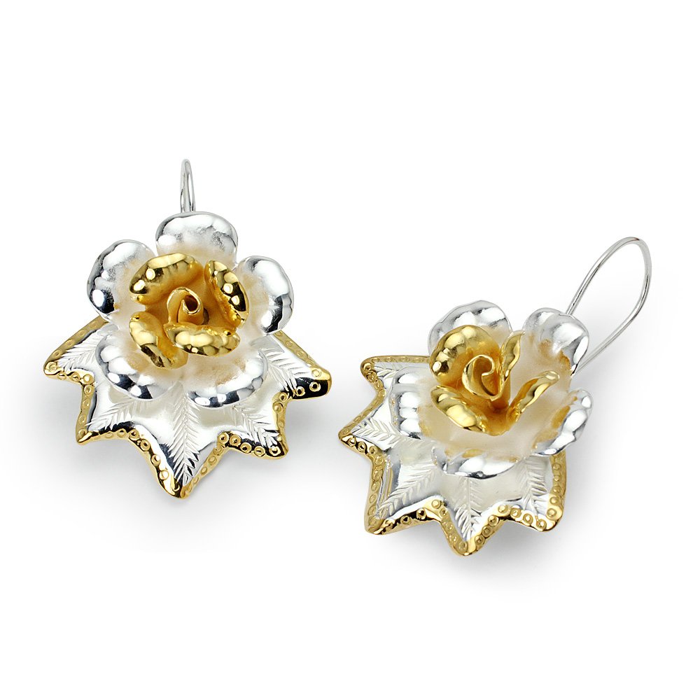 Two-Tone Dainty Organic Flower Blossom Earrings in Sterling Silver