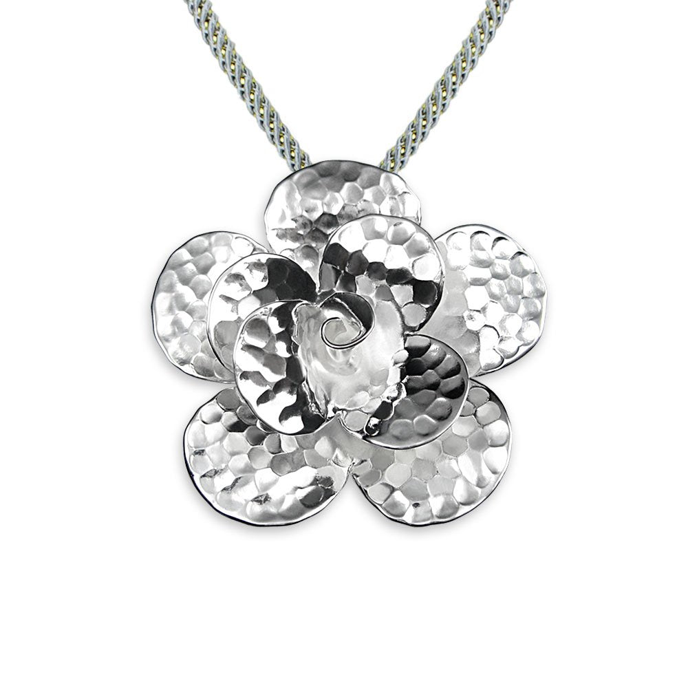 Gold Tone Sterling Silver Fancy Hammered Finish Flower Bloom Pendant