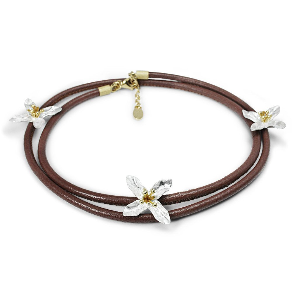 Floral Nature Bracelet in Brown Leather and Sterling Silver