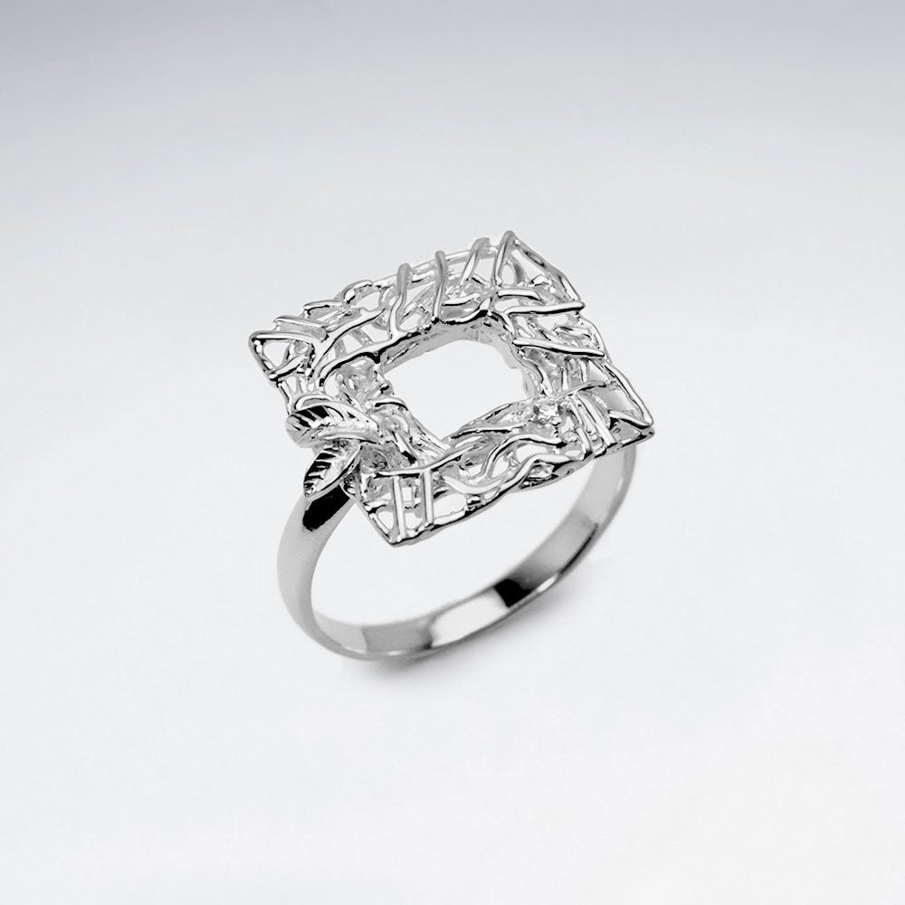 Geometric Designs Open Square Textured Sterling Silver Ring